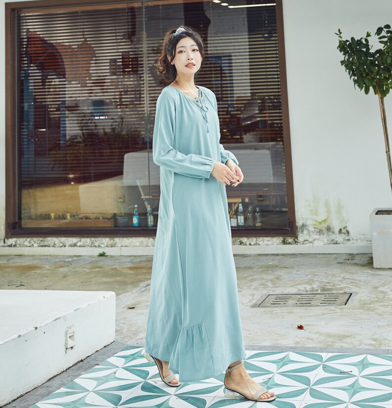 Women Cotton Dress Soft Casual Loose Robes Long Sleeves Shift Dress Boho Maxi Dresses Customized Dress Plus Size Clothing Linen Dress image 3