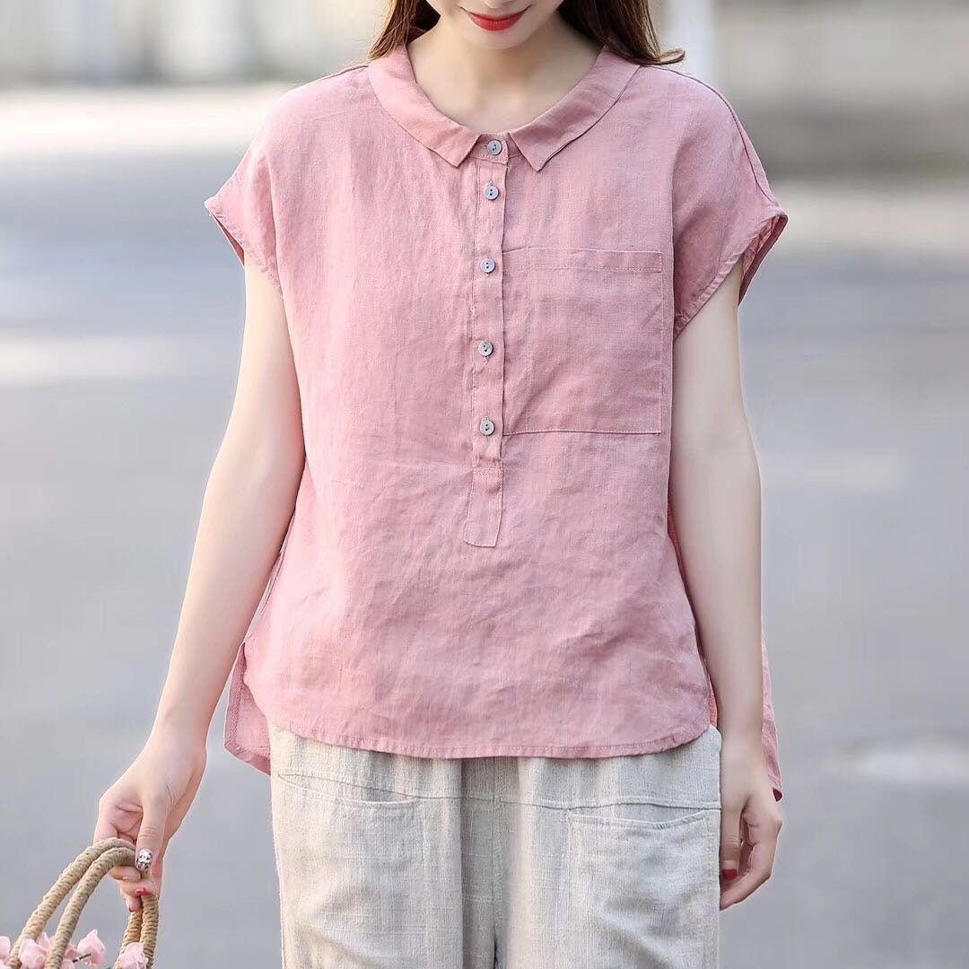 Women's Summer Cotton Tops Short Sleeves Blouse Casual Etsy