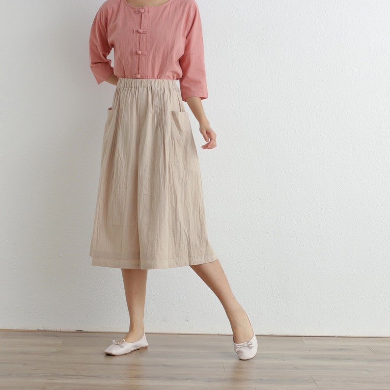 Summer Cotton Skirt Casual Loose Skirts A-line Pleated Elastic Waist Skirt Flared Midi Skirts Customized Plus Size Skirt Boho Linen image 4