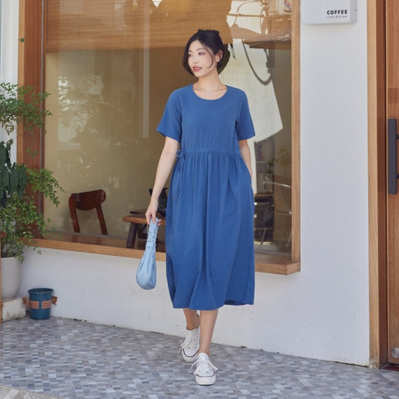 loose summer dresses with short sleeves Summer Dress Cotton Dress Casual Loose Tunics Short Sleeves V-neck Shirt Robes Midi Dresses Customized Dress Plus Size Clothes Linen Dress