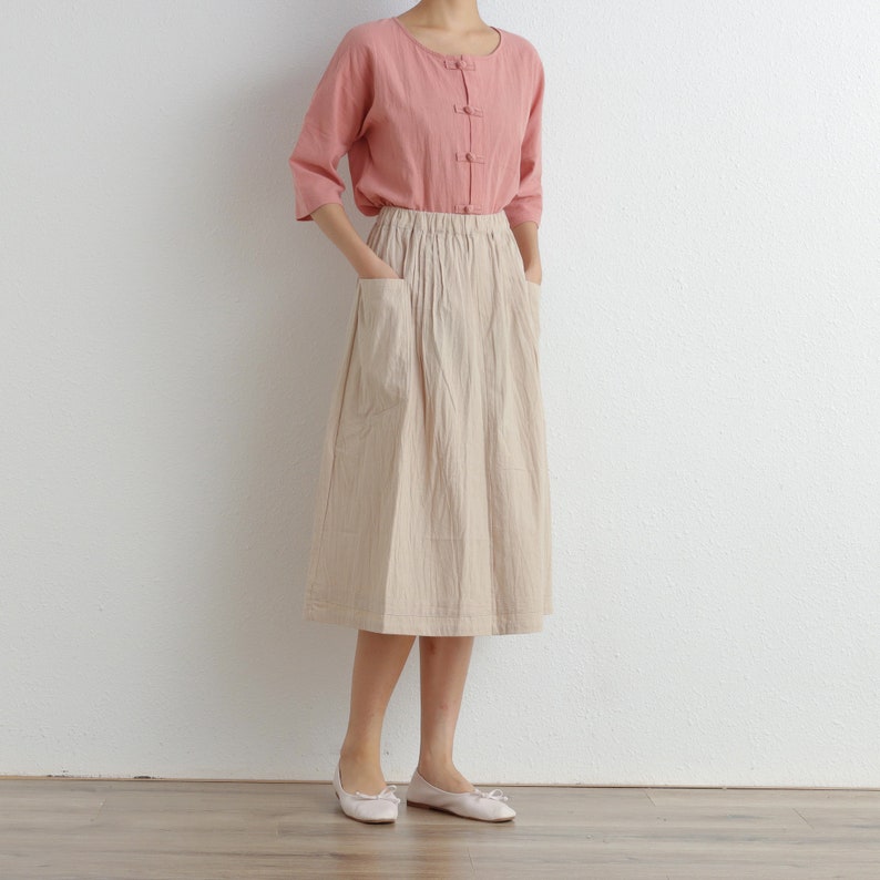 Summer Cotton Skirt Casual Loose Skirts A-line Pleated Elastic Waist Skirt Flared Midi Skirts Customized Plus Size Skirt Boho Linen image 7