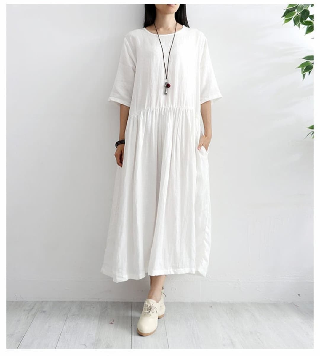 Summer Cotton Dress Soft Casual Loose Tunics Half Sleeves Dresses Robes ...