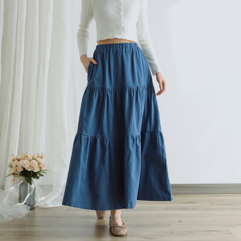 Summer Cotton Skirt Casual Loose Skirts A-line Pleated Elastic Waist Skirt Flared Midi Skirts Customized Plus Size Skirt Boho Linen Skirt image 5