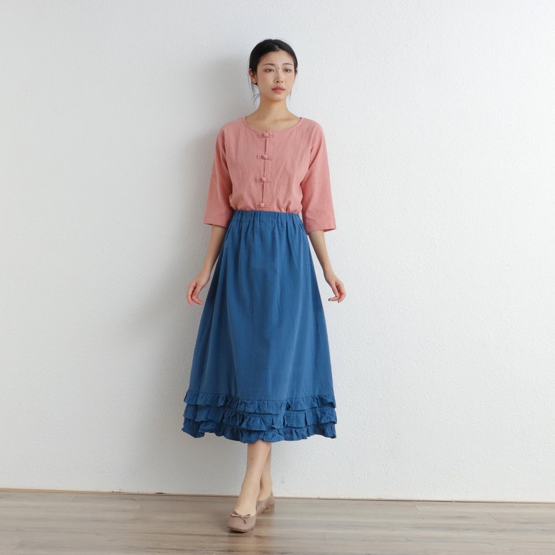 Summer Cotton Skirt Casual Loose Skirts A-line Pleated Elastic Waist Skirt Flared Midi Skirts Customized Plus Size Skirt Boho Linen Skirt image 3