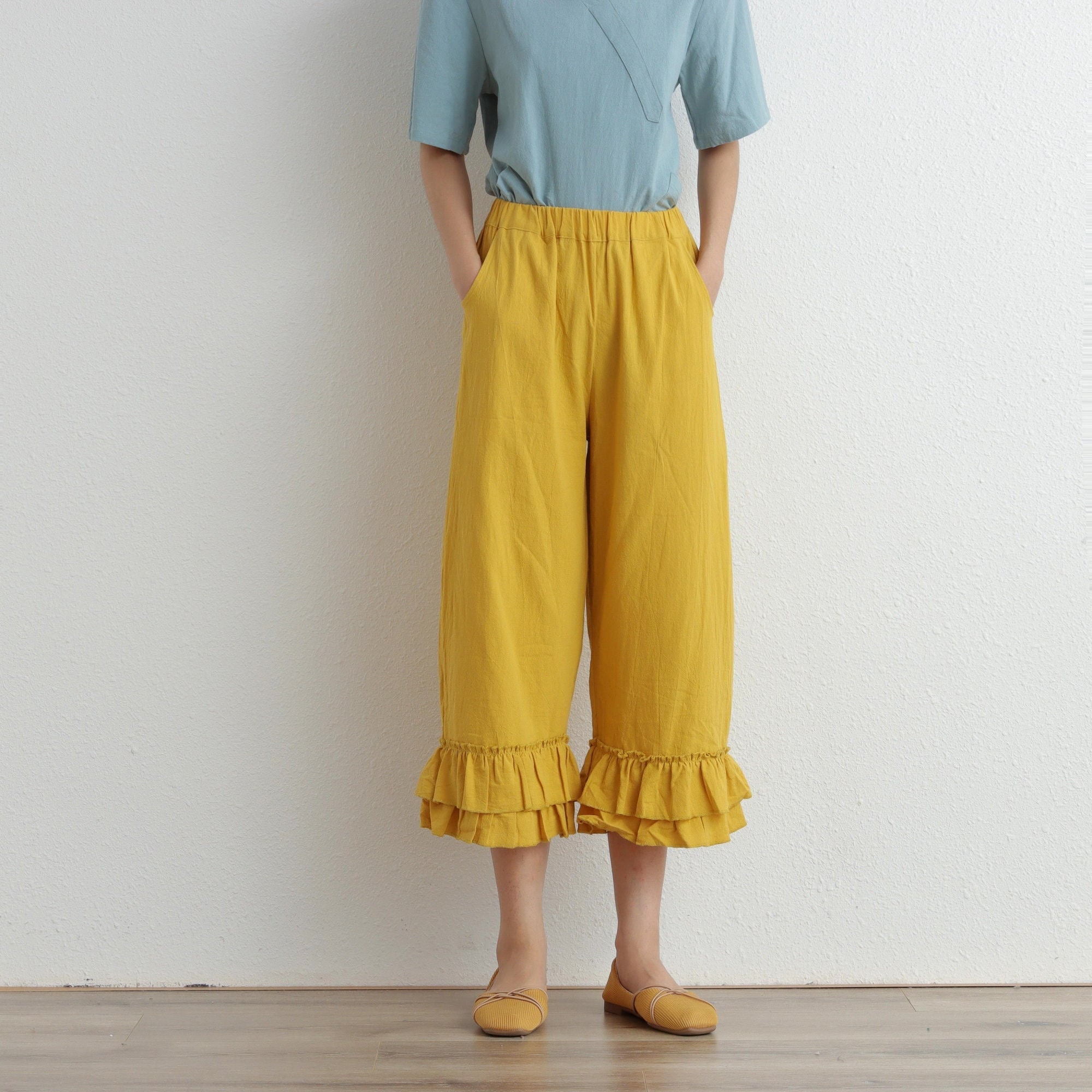 Summer Elastic Waist Cotton Pants Soft Casual Loose Cropped Pant Midi Trousers Wide Leg Skirt Pant Customized Plus Size Pants Linen