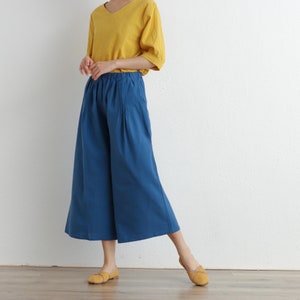 Summer Cropped Pant Elastic Waist Pant Cotton Pants Soft Casual Loose Trousers Wide Leg Skirt Pant Customized Plus Size Pants Linen Pant image 5