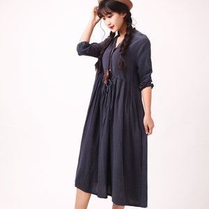 Women Long Sleeves Cotton Dress Soft Casual Loose Tunics Shirt V-neck Robes Midi Dresses Customized Dress Plus Size Clothing Linen image 3