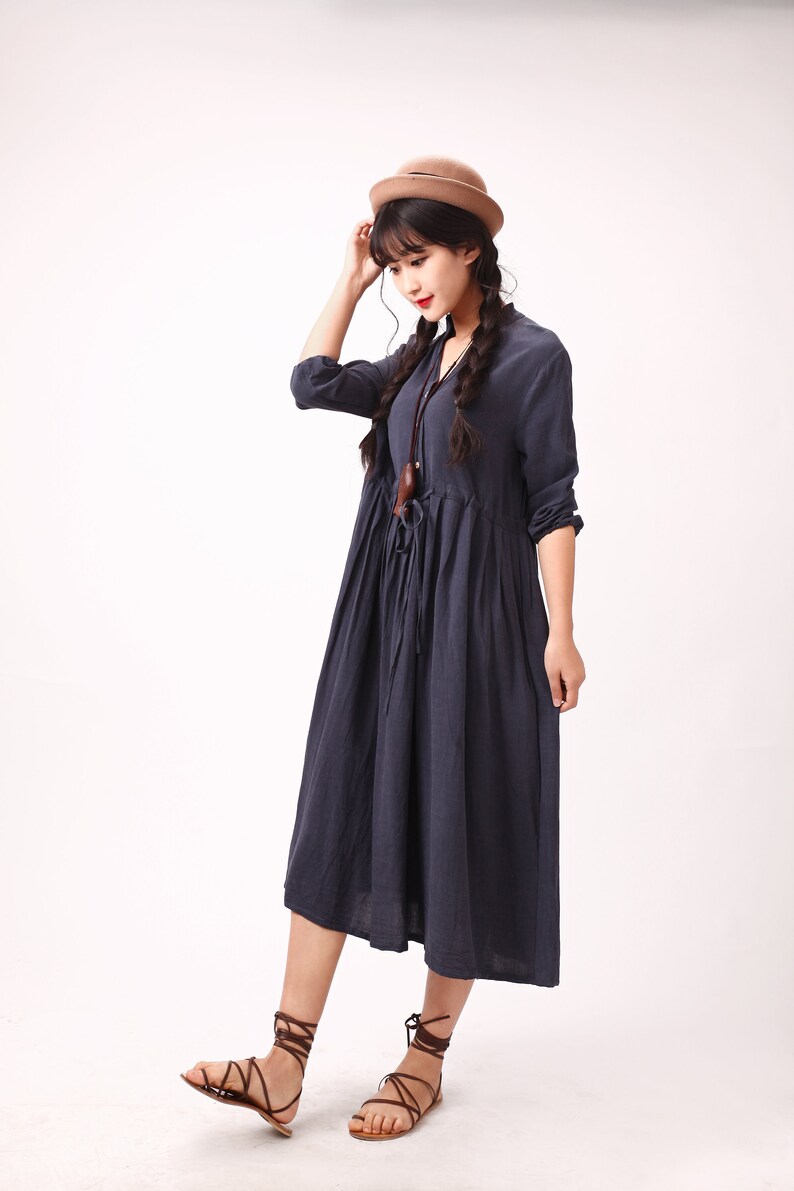 Women Long Sleeves Cotton Dress Soft Casual Loose Tunics Shirt V-neck Robes Midi Dresses Customized Dress Plus Size Clothing Linen image 3