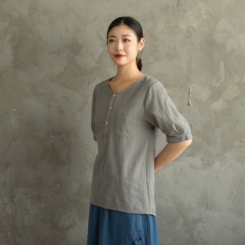 Women's Summer Cotton Tops Half Sleeves Blouse Casual Loose Kimono Customized Shirt Top Hand Made Plus Size Clothes Linen image 6