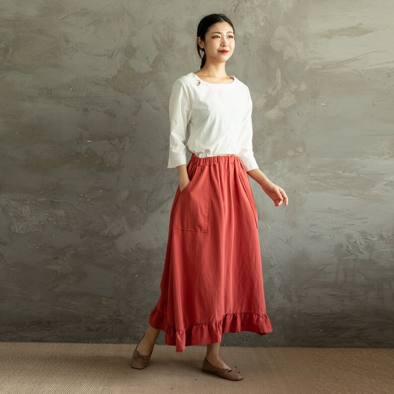 Summer Cotton Skirts A-line Pleated High-Low Hem Elastic Waist Skirt Flared Casual Loose Maxi Skirts Customized Plus Size Skirt Boho Linen image 3