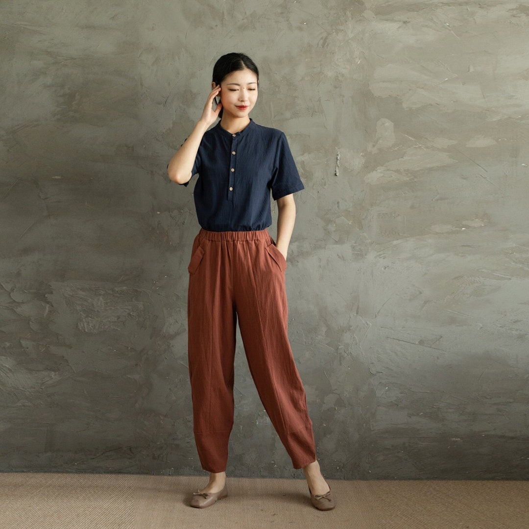 Casual Khaki Pockets Elastic Waist Cotton Pants Summer