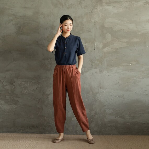 Women Elastic Waist Cotton Pants Soft 