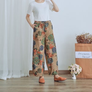 Pantalon d'été floral imprimé taille élastique pantalon en coton doux décontracté ample grande taille pantalon jambe large pantalon personnalisé plus pantalon en lin image 5