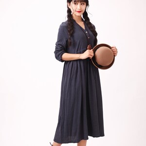 Women Long Sleeves Cotton Dress Soft Casual Loose Tunics Shirt V-neck Robes Midi Dresses Customized Dress Plus Size Clothing Linen image 6