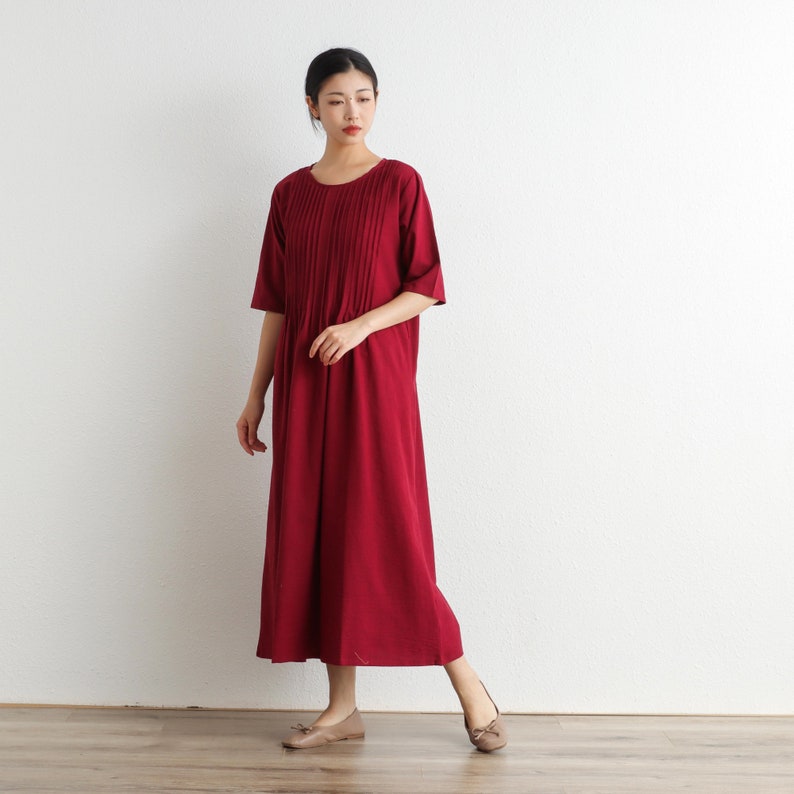 Women Cotton Dress Soft Casual Loose Robes Half Sleeves Shift Dress Boho Maxi Dresses Customized Dress Plus Size Clothing Linen Dress image 2