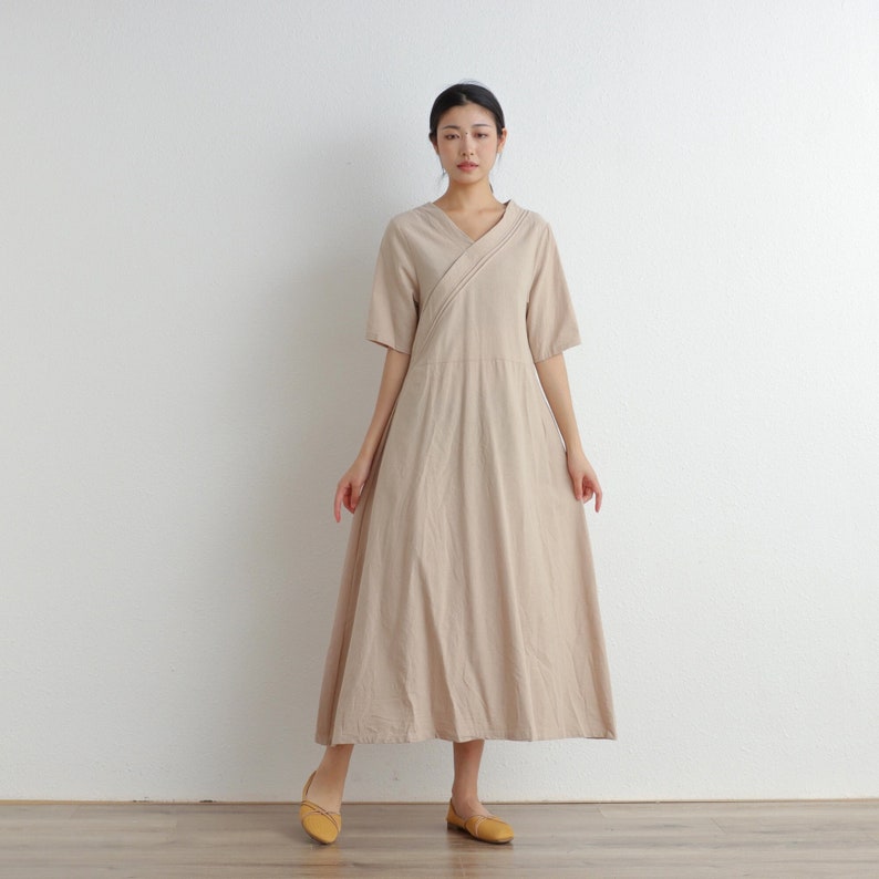 Summer Cotton Dress Casual Loose Dress Tunics Short Sleeves V-Neck Robes Midi Dresses Customized Dress Plus Size Clothing Linen 