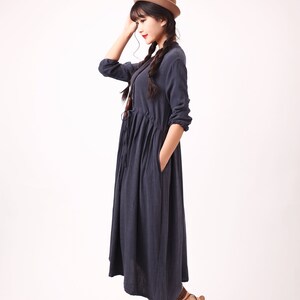 Women Long Sleeves Cotton Dress Soft Casual Loose Tunics Shirt V-neck Robes Midi Dresses Customized Dress Plus Size Clothing Linen image 5