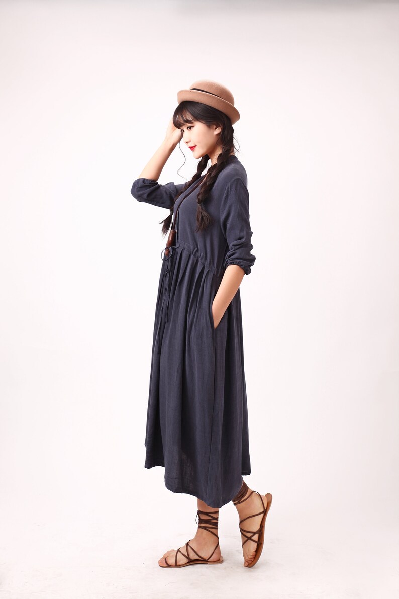 Women Long Sleeves Cotton Dress Soft Casual Loose Tunics Shirt V-neck Robes Midi Dresses Customized Dress Plus Size Clothing Linen image 5