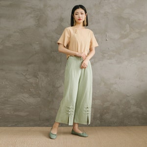 Summer Elastic Waist Cotton Pants Soft Casual Loose Trousers Wide Leg Pant Customized Plus Size Pants Linen Spring Pant image 2