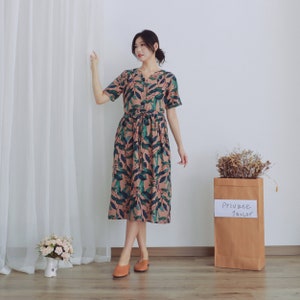 Printed Summer Dress Cotton Dress Casual Loose Tunics Short Sleeves V-neck Shirt Robes Knee Dresses Customized Dress Plus Size Linen Dress image 6