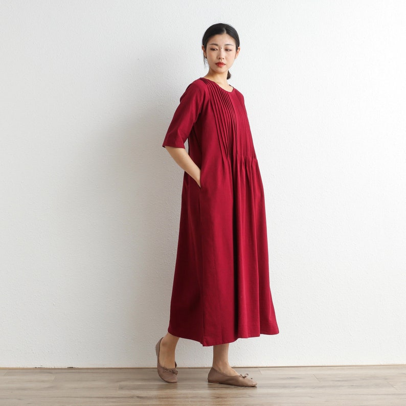 Women Cotton Dress Soft Casual Loose Robes Half Sleeves Shift Dress Boho Maxi Dresses Customized Dress Plus Size Clothing Linen Dress image 4