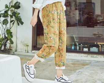 Floral Printed Elastic Waist Cotton Pants Soft Casual Loose
