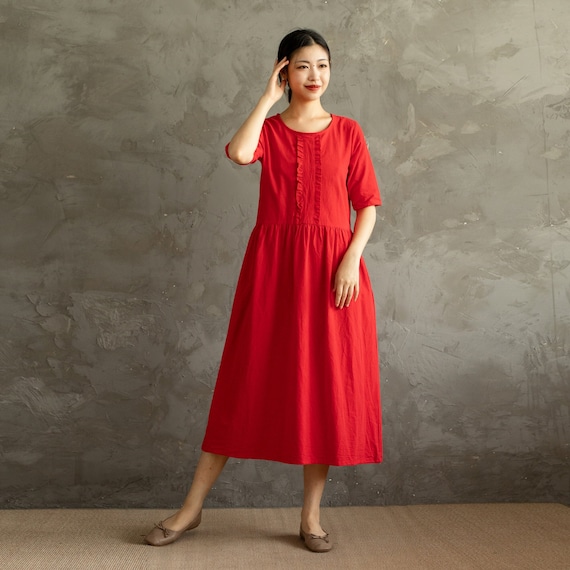 Summer Dress Cotton Dress Shirt Casual Loose Dress Tunics Half Sleeves  Robes Knee Dresses Customized Dress Plus Size Clothing Linen Dress