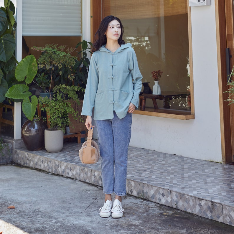 Summer/Spring Blouse Cotton Hooded Tops Long Sleeves Blouse Casual Loose Kimono Customized Shirt Top Hand Made Plus Clothes Linen Blouse image 7