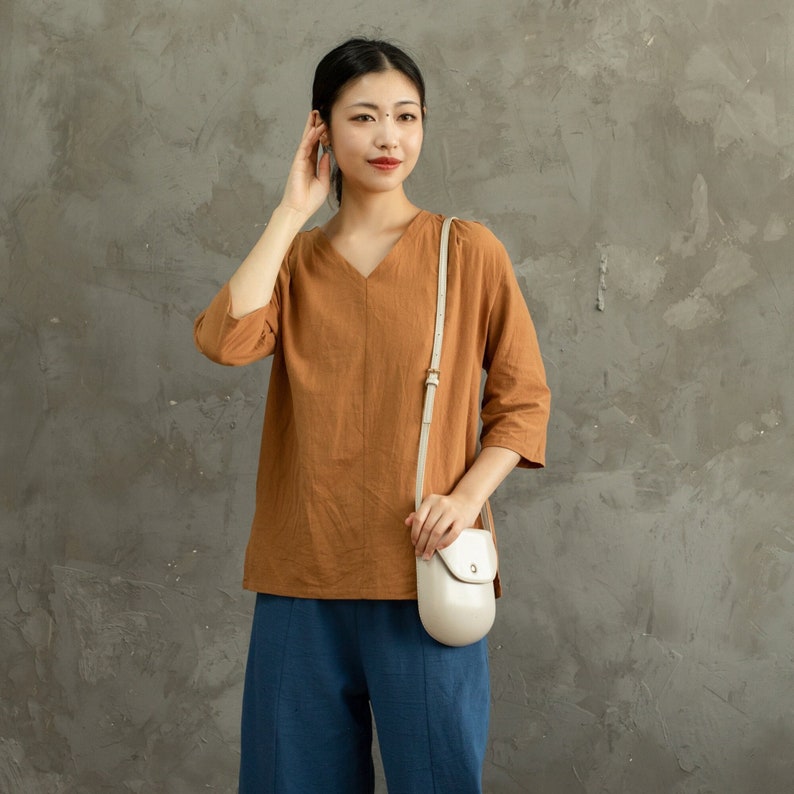 Women's Summer Cotton Tops Half Sleeves Blouse Casual Loose Kimono Customized Shirt Top Hand Made Plus Size Clothes Linen image 1