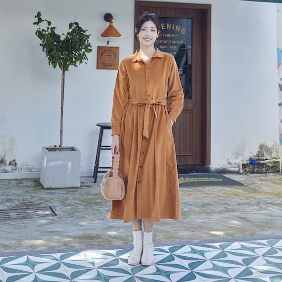 Winter/fall 100%cotton Corduroy Dress Long Sleeves Midi Dress Loose Thicker  Warm Buttons Shirt Collar Dress Customized Plus Waistline Dress - Etsy