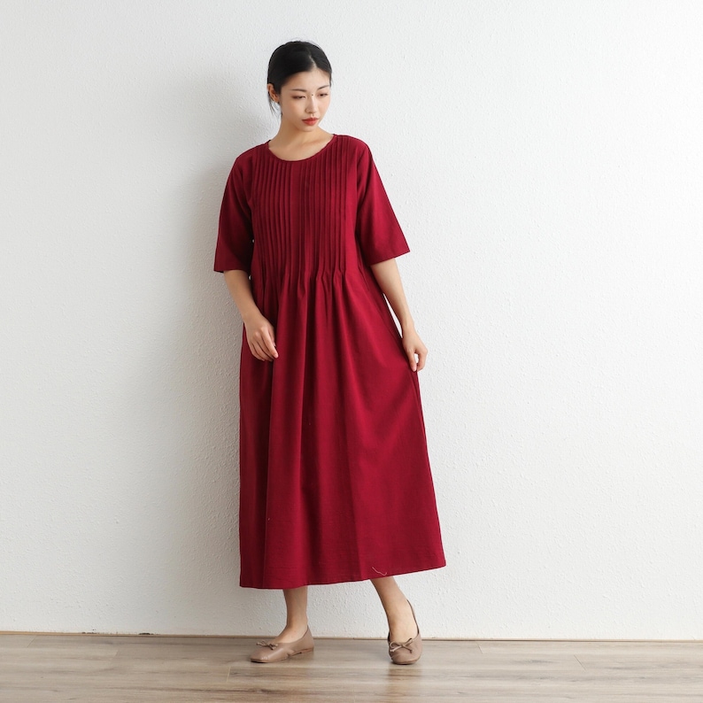 Women Cotton Dress Soft Casual Loose Robes Half Sleeves Shift Dress Boho Maxi Dresses Customized Dress Plus Size Clothing Linen Dress image 1