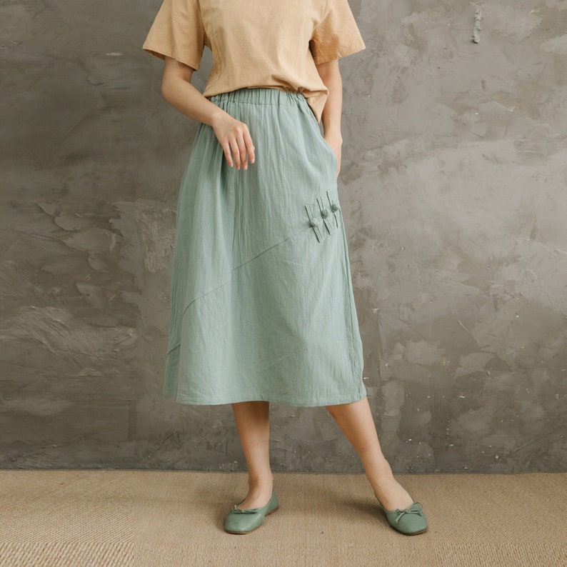 Summer Cotton Skirts A-line Pleated Elastic Waist Skirt Flared Casual Loose Midi Skirts Customized Plus Size Skirt Boho Linen image 1