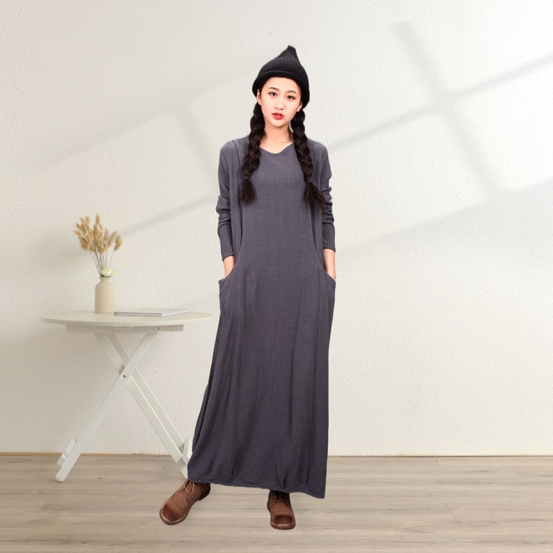 Women Cotton Dress Soft Casual Loose Robes Long Sleeves Shift Dress Boho Maxi Dresses Customized Dress Plus Size Clothing Linen 