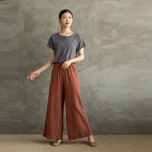 Summer Women Elastic Waist Cotton Pants Soft Casual Loose Boho Trousers Wide Leg Pant Customized Plus Size Pants Linen Spring Pant image 3