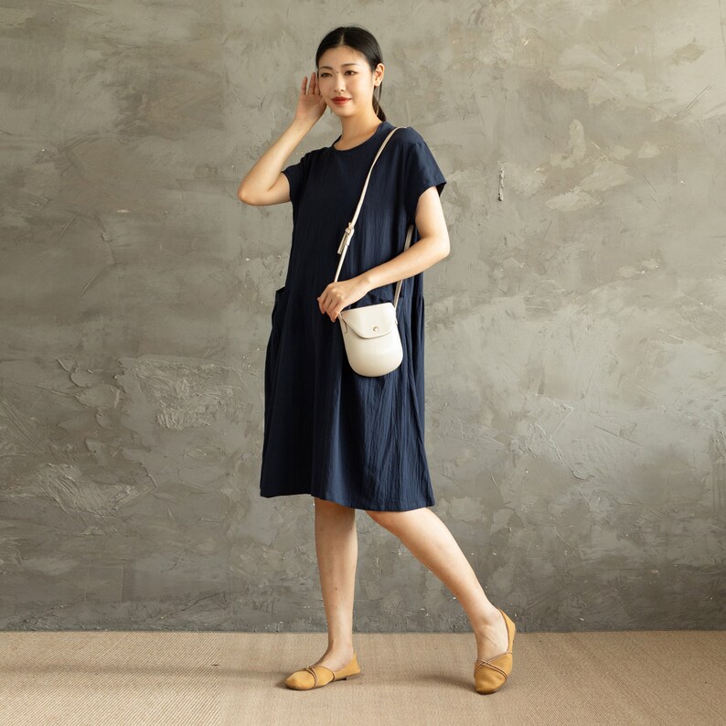 Summer Cotton Dress Shirt Casual Loose Dress Tunics Short Sleeves Robes Knee Dresses Customized Dress Plus Size Clothing Linen image 5