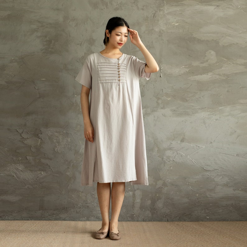 Summer Cotton Dress Casual Loose Tunics Short Sleeves Shirt Robes Knee Dresses Customized casual handmade Dress Plus Size Clothes Linen image 4