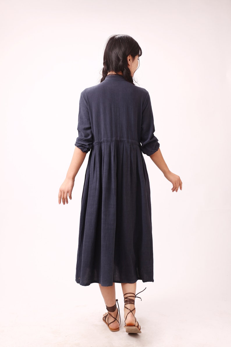 Women Long Sleeves Cotton Dress Soft Casual Loose Tunics Shirt V-neck Robes Midi Dresses Customized Dress Plus Size Clothing Linen image 7