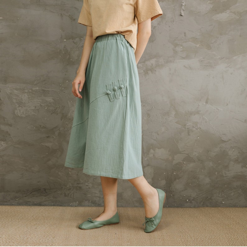 Summer Cotton Skirts A-line Pleated Elastic Waist Skirt Flared Casual Loose Midi Skirts Customized Plus Size Skirt Boho Linen image 5