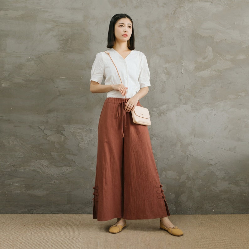 Summer Elastic Waist Cotton Pants Soft Casual Loose Trousers Wide Leg Pant Customized Plus Size Pants Linen Spring Pant image 1