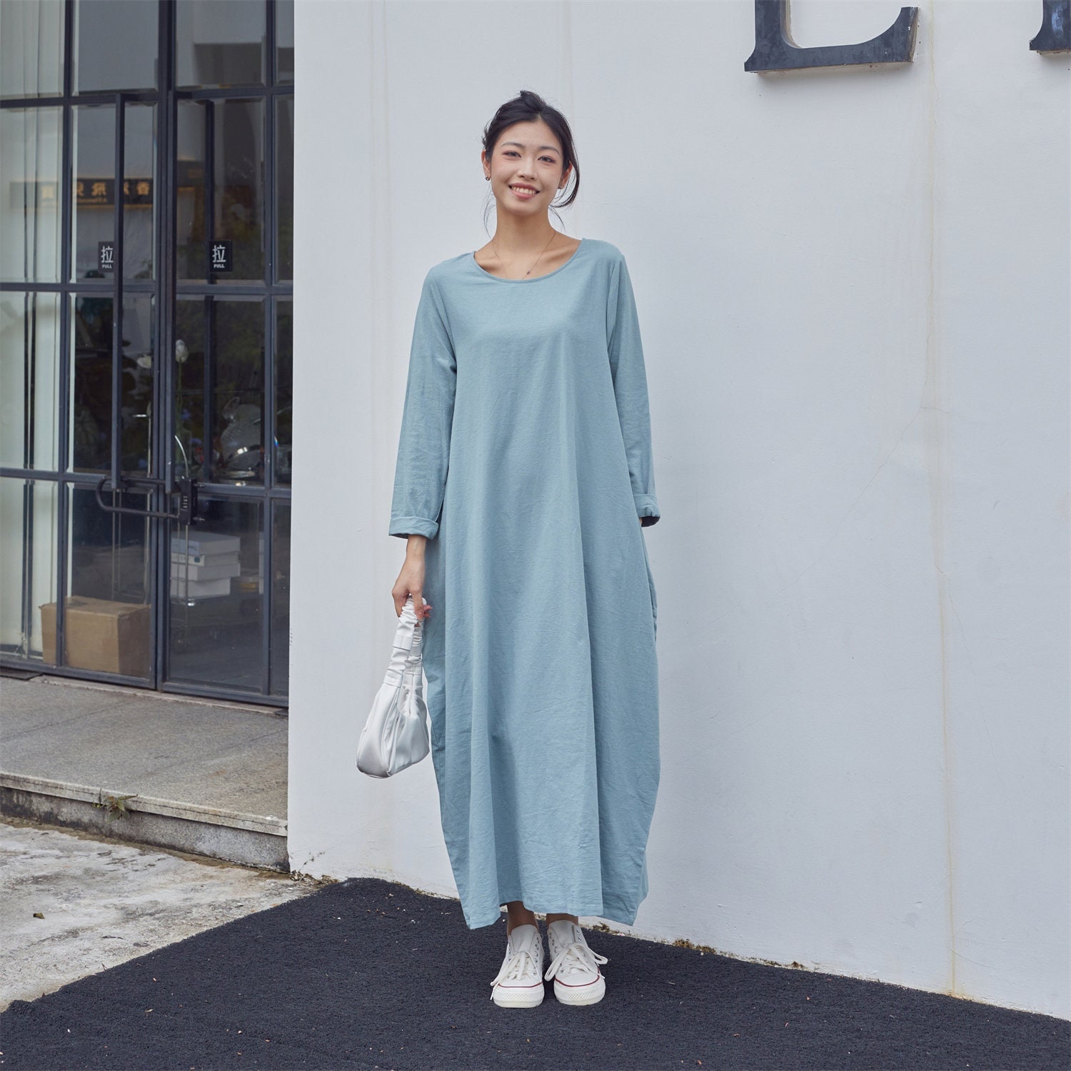 light grey shift dress Women's Grey Ribbed Long Sleeve Shift Dress