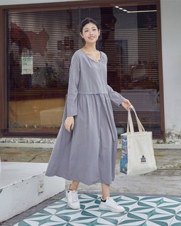 Women Long Sleeves Cotton Dress Soft Casual Loose Tunics Shirt A-line Robes Midi Dresses Customized Dress Plus Size Clothing Linen Dress