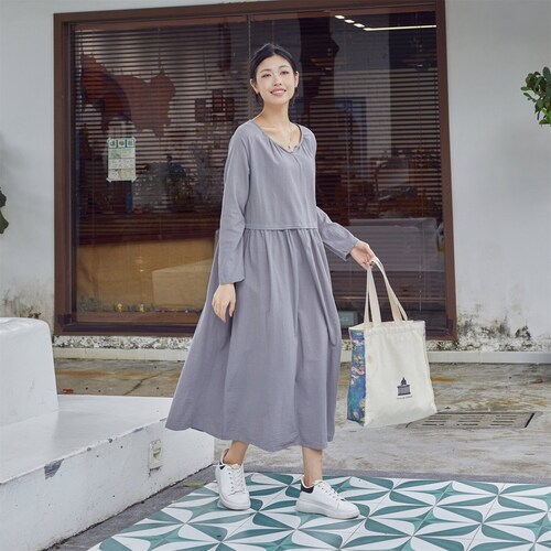 Women Long Sleeves Cotton Dress Soft Casual Loose Tunics Shirt A-line Robes Midi Dresses Customized Dress Plus Size Clothing Linen Dress