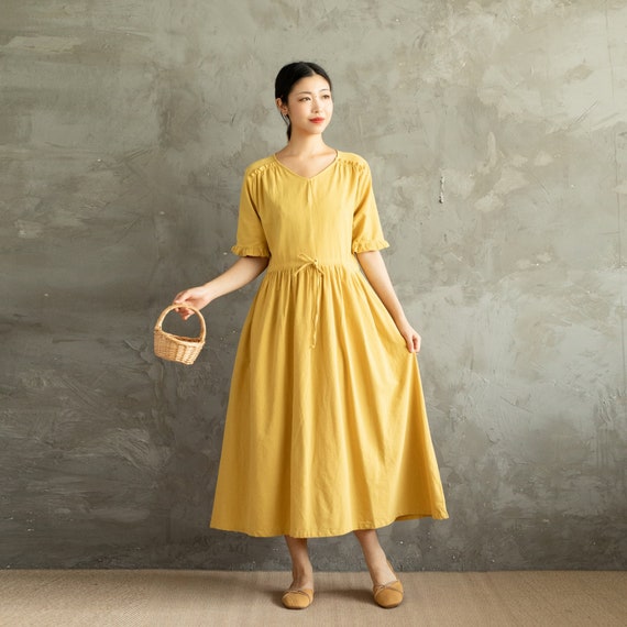 Summer Cotton Dress Casual Loose Dress Tunics Short Sleeves V-neck Robes  Midi Dresses Customized Dress Plus Size Clothing Linen - Etsy Australia