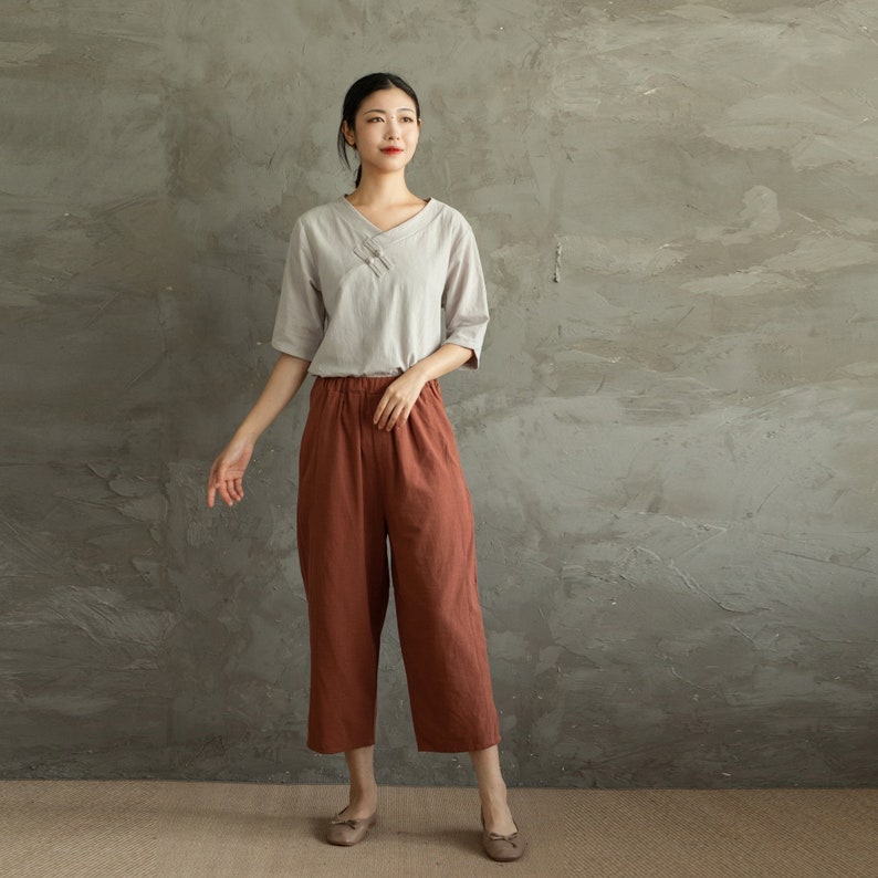 Summer Elastic Waist Cotton Pants Soft Casual Loose Cropped Pant Midi Trousers Wide Leg Skirt Pant Customized Plus Size Pants Linen Pant image 3