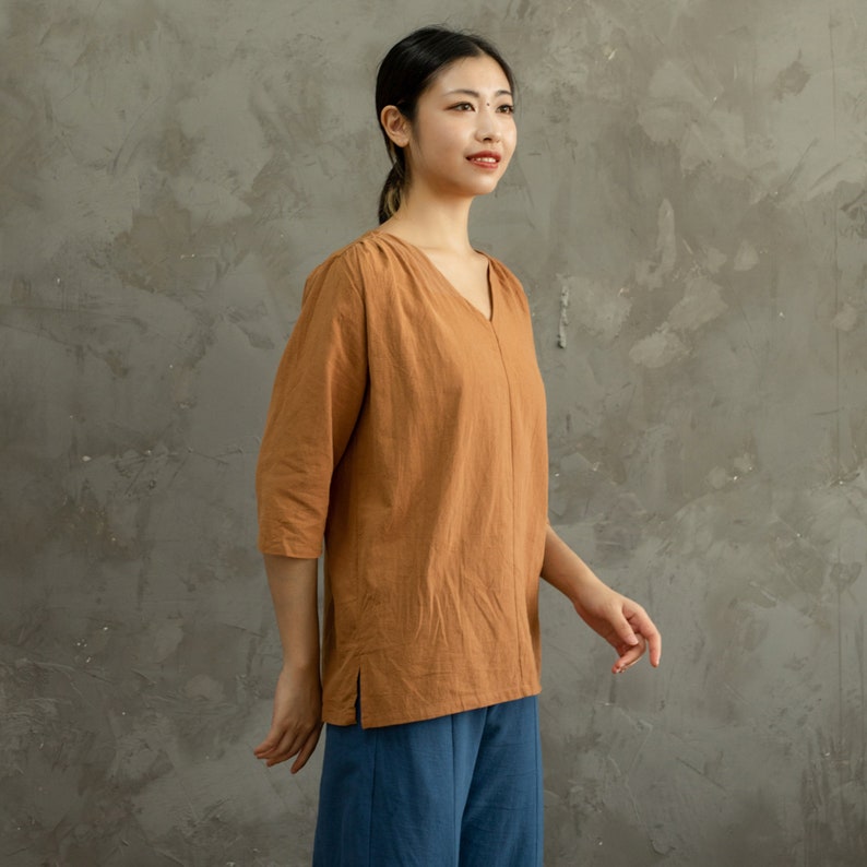 Women's Summer Cotton Tops Half Sleeves Blouse Casual Loose Kimono Customized Shirt Top Hand Made Plus Size Clothes Linen image 5