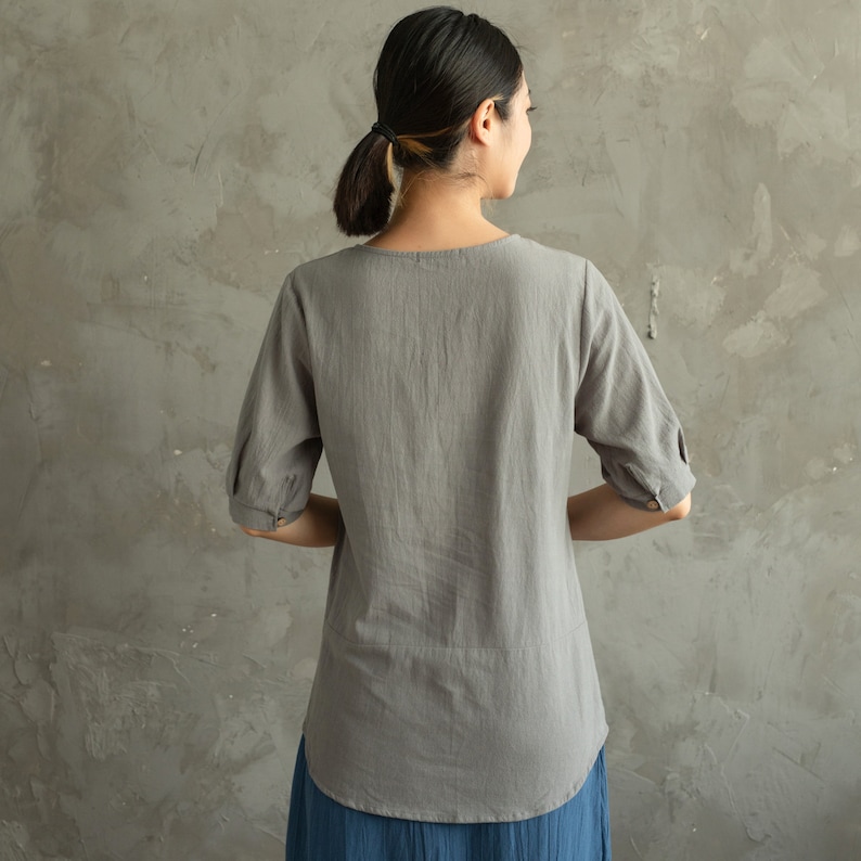 Women's Summer Cotton Tops Half Sleeves Blouse Casual Loose Kimono Customized Shirt Top Hand Made Plus Size Clothes Linen image 7