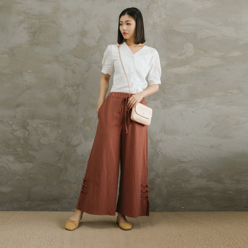 Summer Elastic Waist Cotton Pants Soft Casual Loose Trousers Wide Leg Pant Customized Plus Size Pants Linen Spring Pant image 2