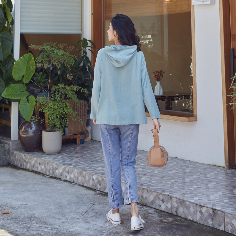 Summer/Spring Blouse Cotton Hooded Tops Long Sleeves Blouse Casual Loose Kimono Customized Shirt Top Hand Made Plus Clothes Linen Blouse image 8