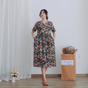 Printed Summer Dress Cotton Dress Casual Loose Tunics Short Sleeves V-neck Shirt Robes Knee Dresses Customized Dress Plus Size Linen Dress image 2