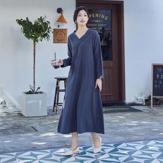 knee length dresses for ladies Purple Women Dresses Ramie Casual Spring Linen Women Dresses Long Slee –  SimpleLinenLife main image 0